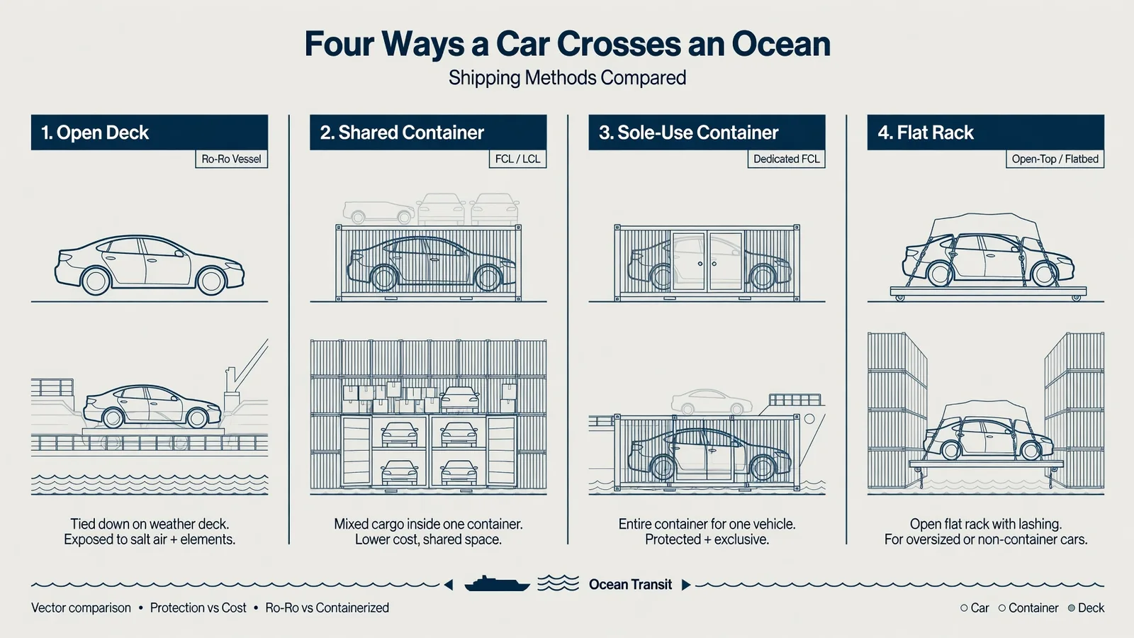 Diagram of four methods for shipping a vehicle overseas and what each changes