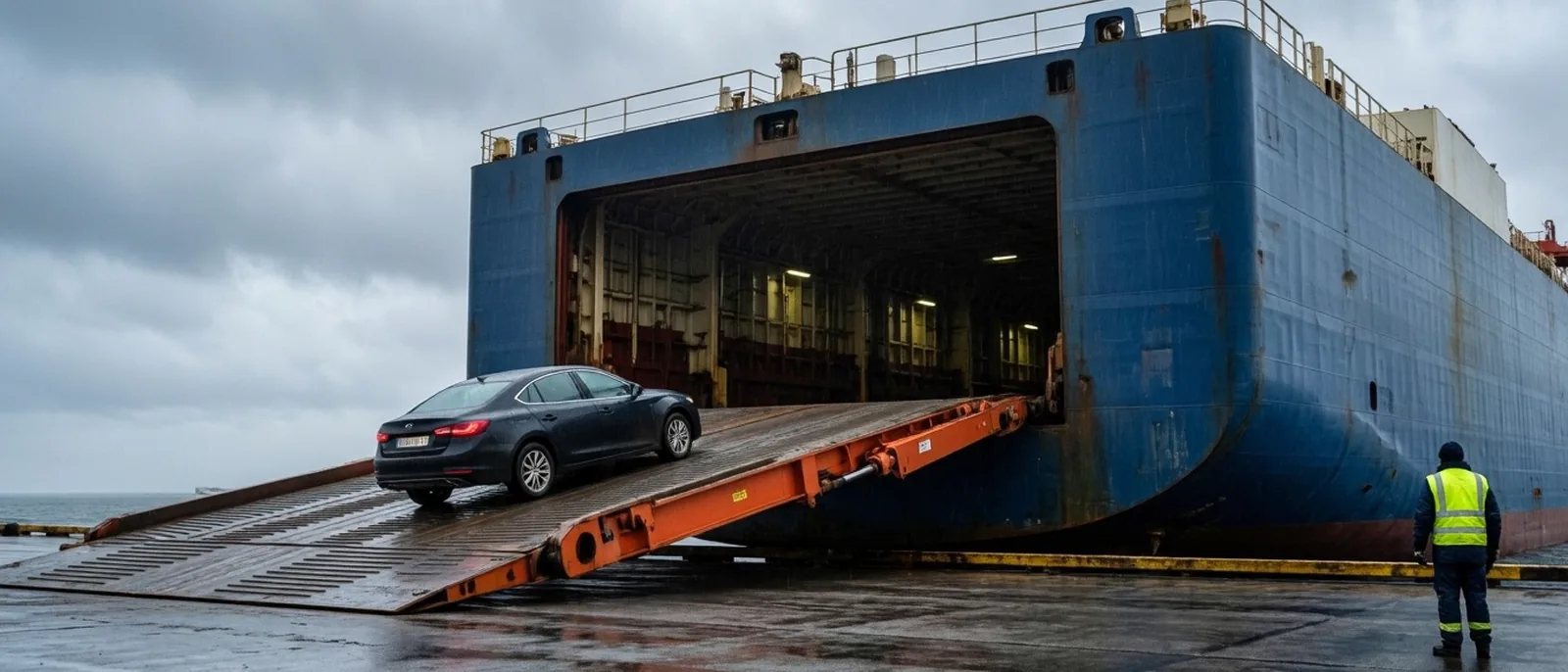 Vehicle driven up the ramp of a roll-on roll-off vessel at a terminal