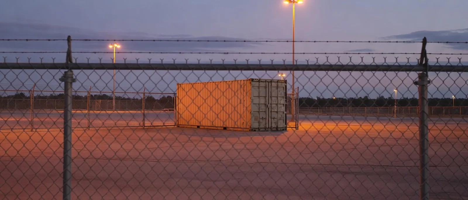 Import container standing inside a closed terminal gate at dusk