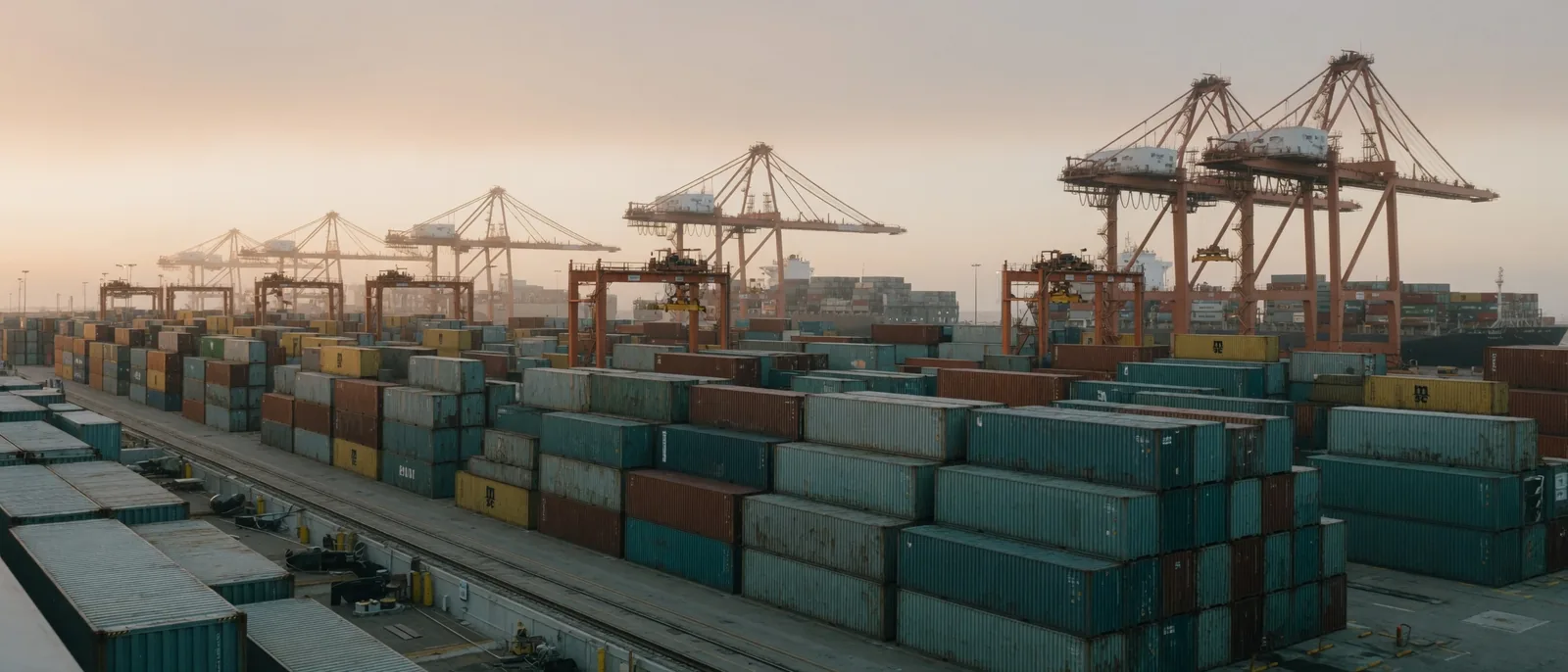 Container stacks and gantry cranes at a US port terminal in morning light