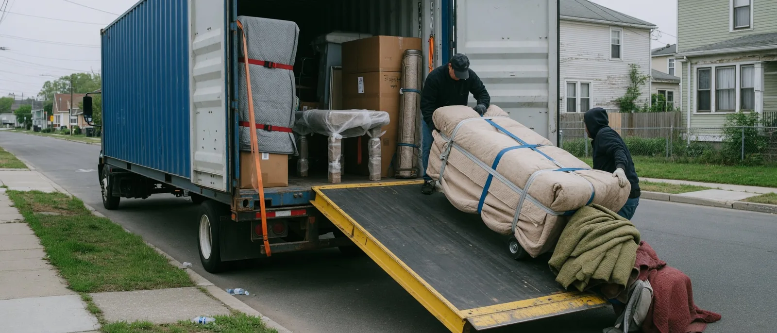 Crew loading household goods into a shipping container outside a home