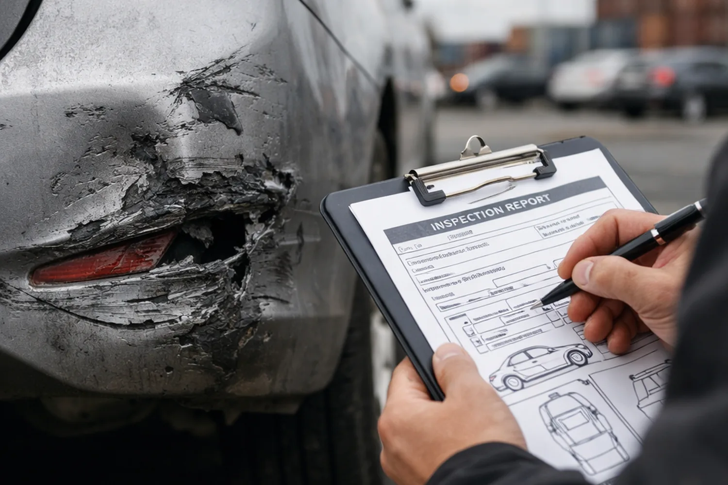 Vehicle condition inspection being recorded at a shipping terminal