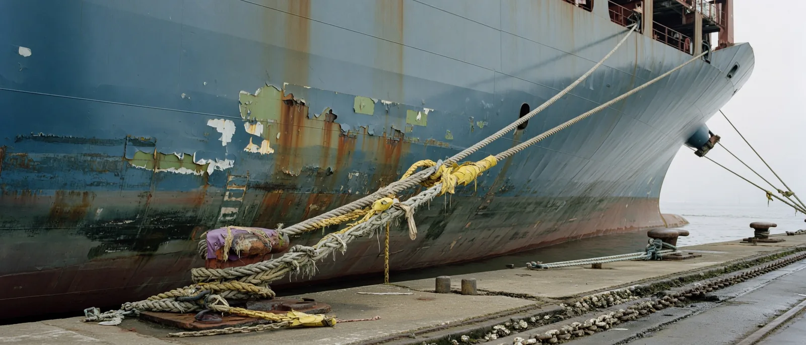 Container ship hull with carrier markings alongside a berth