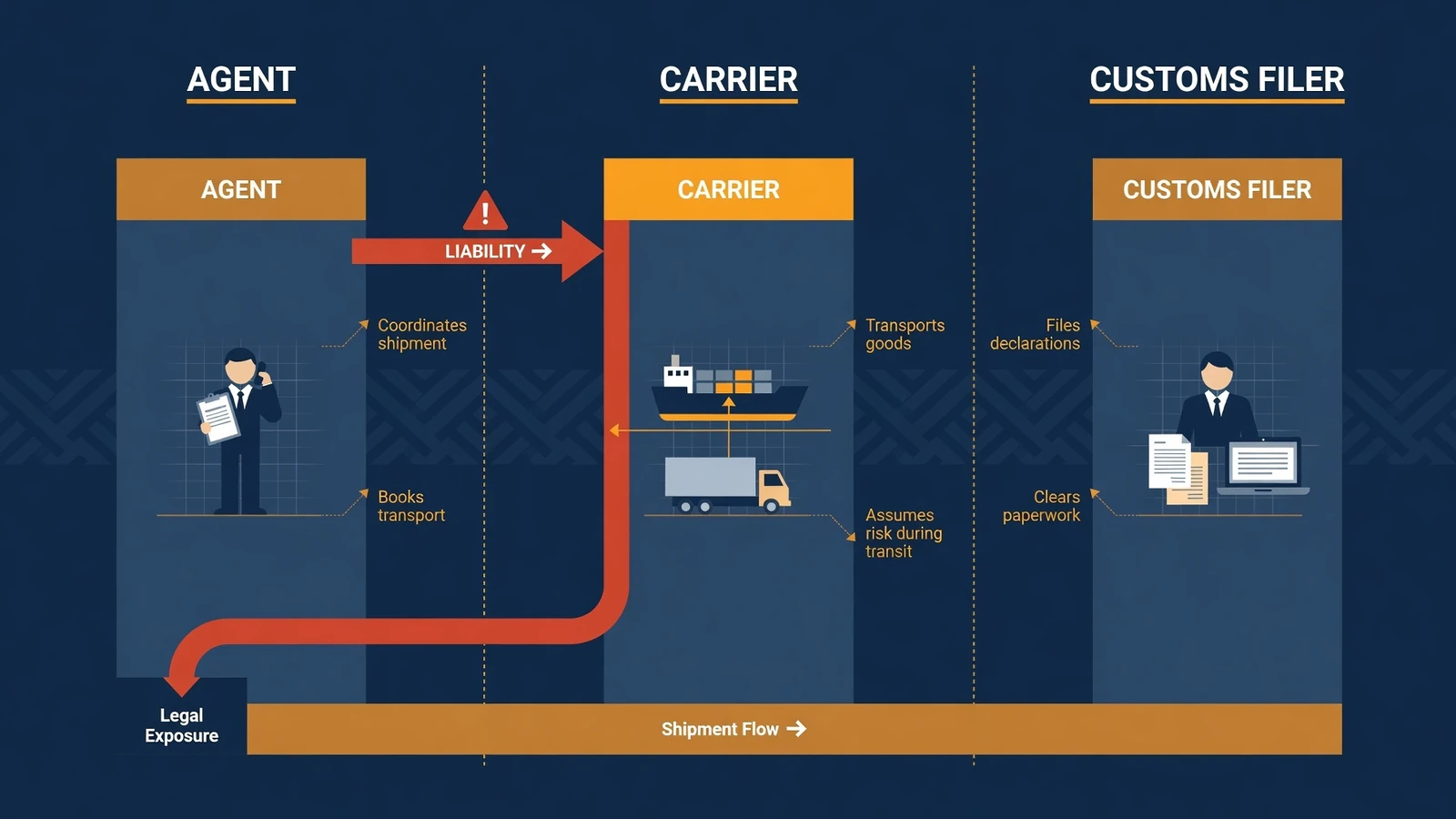 Diagram of forwarder, NVOCC and customs broker roles and who carries liability