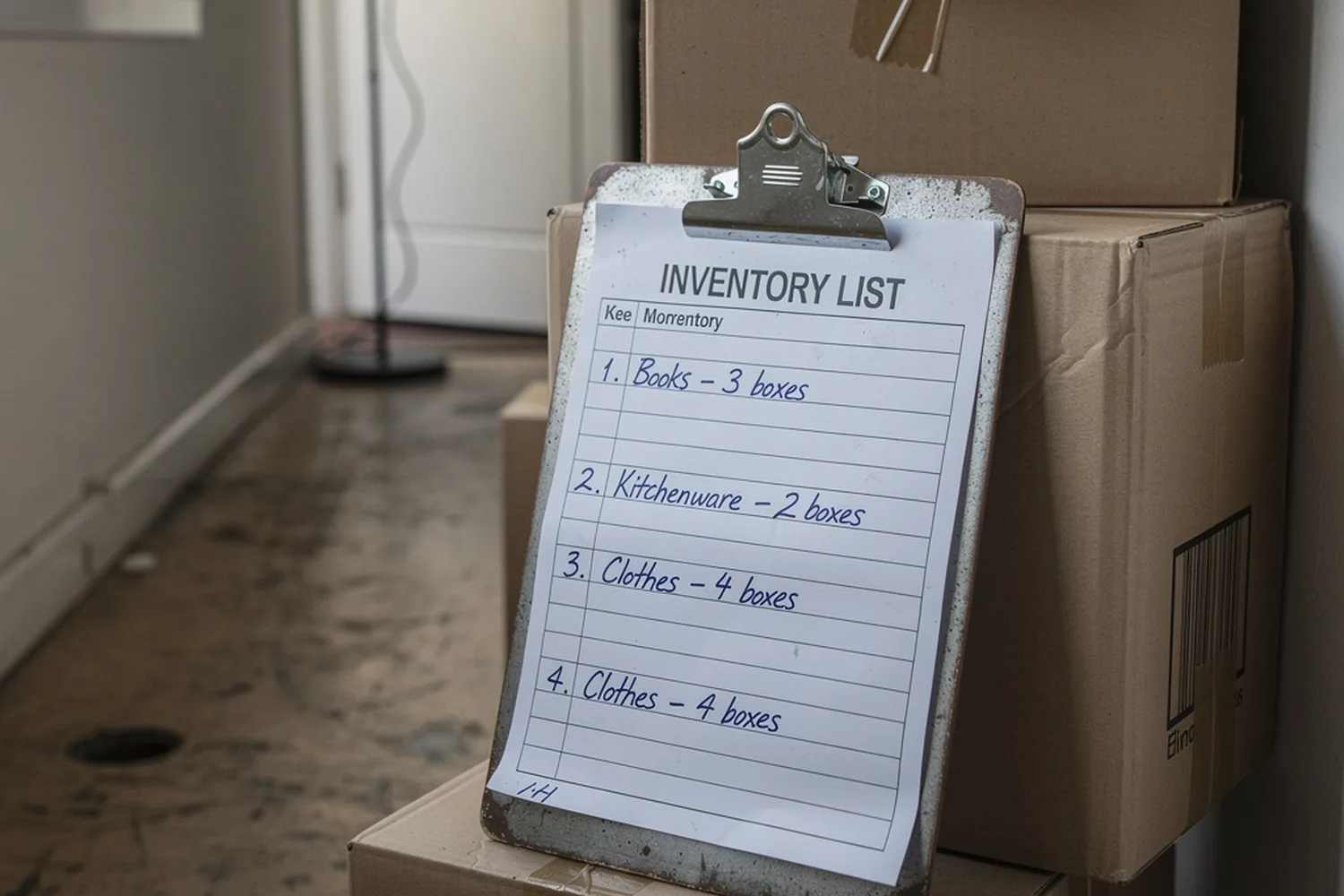 Inventory sheet and packed boxes in a hallway before an international move
